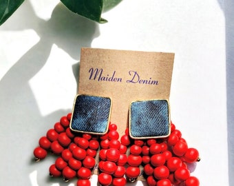 Denim Square Stud Bead Tassel Earrings- Gold plated Jean RED