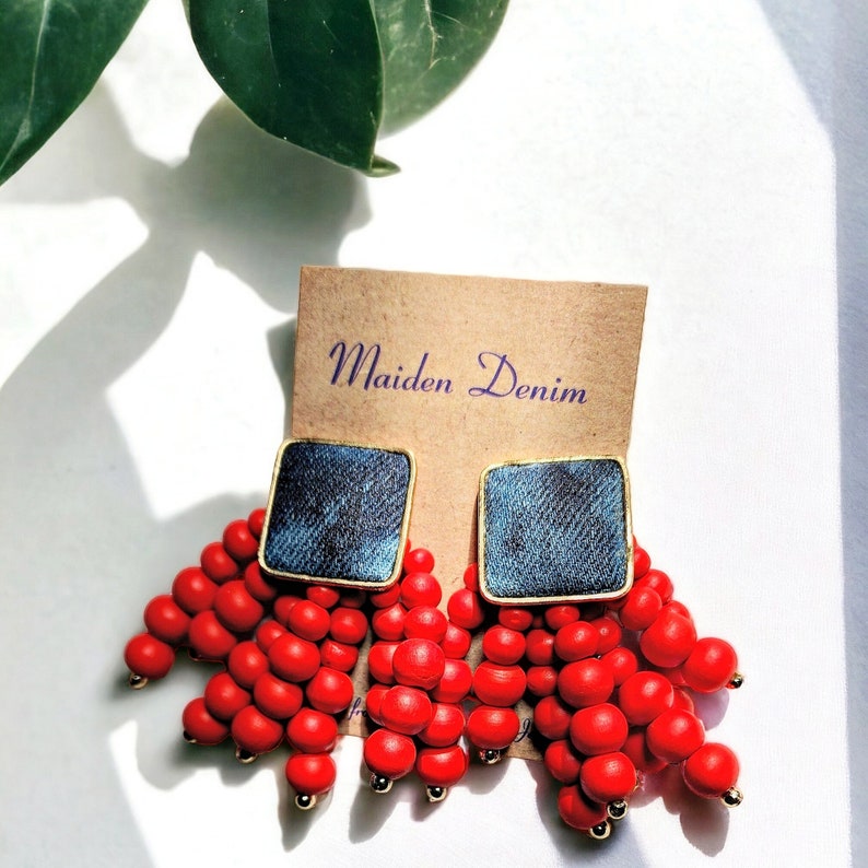 Denim Square Stud Bead Tassel Earrings Gold plated Jean RED image 1