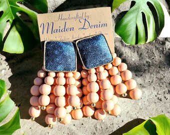 Denim Square Stud Bead Tassel Earrings- Gold plated Jean PEACH