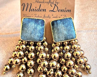Denim Square Stud Bead Tassel Earrings- Gold plated Jean GOLDEN