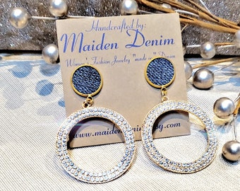 Denim Earrings- Round post Couture crystal hoop pendant GOLD stainless steel Jean