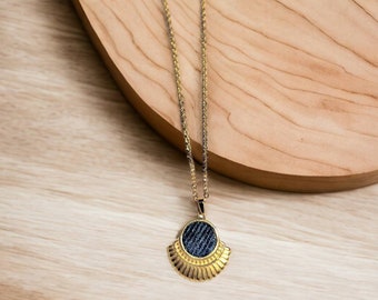 Denim Necklace- Stainless steel gold round Denim fan Pendant thin chain choker