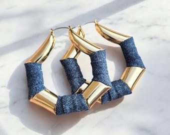 Denim Earrings- LARGE geometric hoop jean bamboo earrings