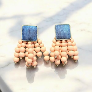 Denim Square Stud Bead Tassel Earrings- Gold plated Jean PEACH