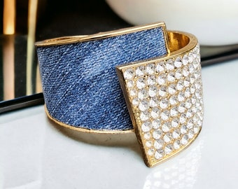 Denim Bracelet- Rhinestone Gold plated med washed jean cuff bracelet