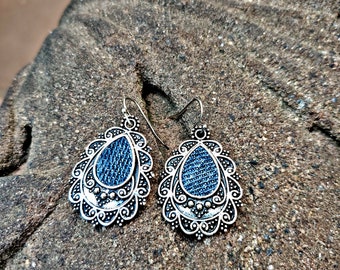 Denim Earrings- Vintage Victorian Teardrop Pendant  Jean dangle