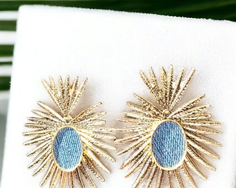 Denim Earrings- Palm leaf dangle post pendant gold plated Jean