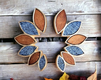 Denim Stud Earrings- Leaf wreath Gold brown wood Jean earrings