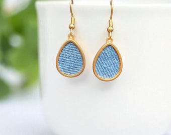 Denim Earrings- 18k gold Stainless steel tear drop jean