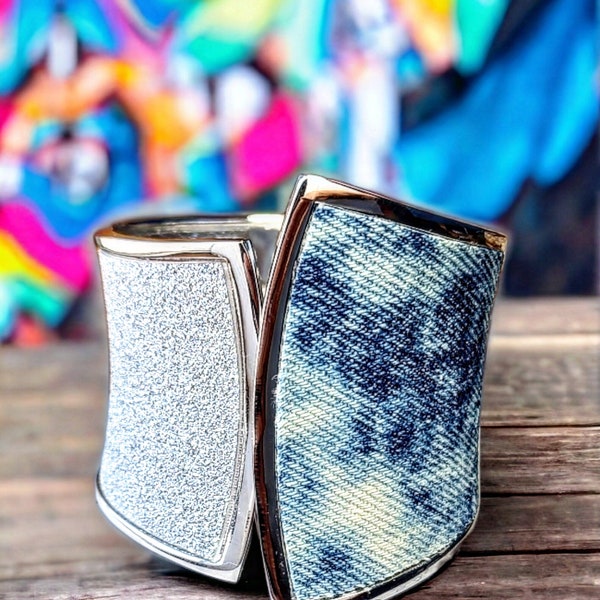 Denim Bracelet- Silver plated glitter acid washed jean cuff bracelet