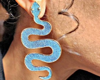 Denim Earrings- Snake bleach washed denim gold plated Jean post