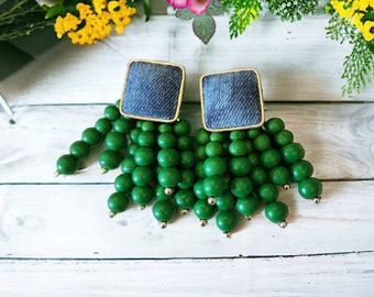 Denim Square Stud Bead Tassel Earrings- Gold plated Jean GREEN