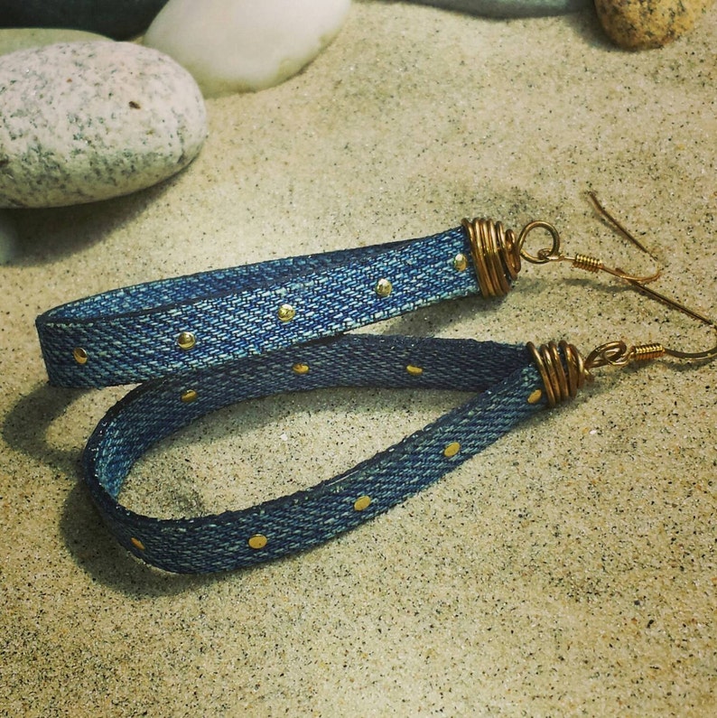 Denim Earrings Skinny Jean Long Hoops image 2