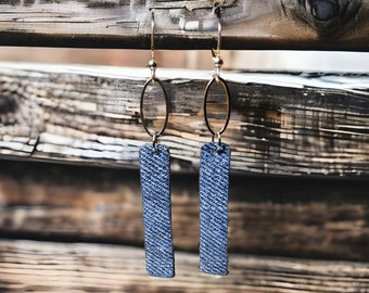 Denim Earrings-  Stainless oval ring skinny denim jean rectangle