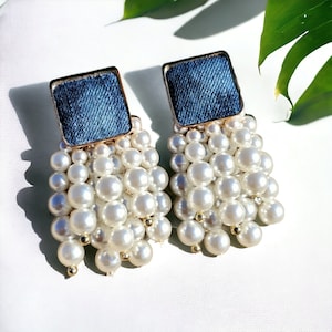 Denim Square Stud Bead Tassel Earrings- Gold plated Jean PEARL