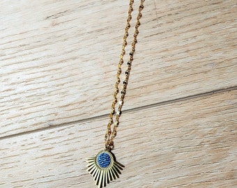 Denim Necklace- Stainless steel gold Sunrays Denim fan Pendant thin chain choker