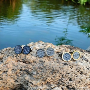Denim Earrings- Bold Round 8mm Pendant Jean Stud
