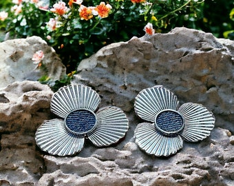 Denim Round post flower Earrings- Silver stainless steel Jean