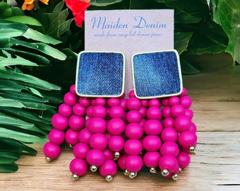 Denim Square Stud Bead Tassel Earrings- Gold plated Jean HOT PINK