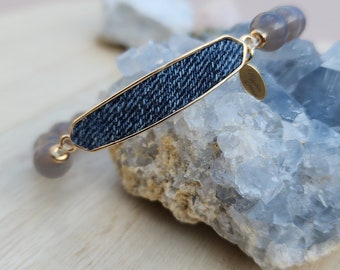 Denim Bracelet- Jean Yoga Grey Agate Stone Zen Bead