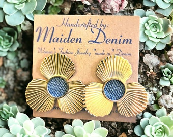 Denim Round post flower Earrings- Gold stainless steel Jean
