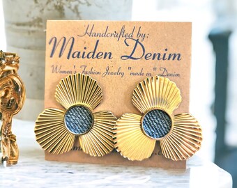 Denim Round post flower Earrings- Gold stainless steel Jean