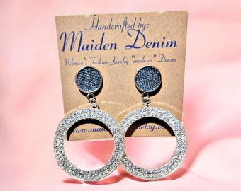Denim Earrings- Round post Couture crystal hoop pendant SILVER stainless steel Jean