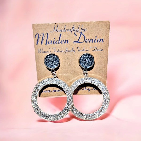 Denim Earrings- Round post Couture crystal hoop pendant SILVER stainless steel Jean