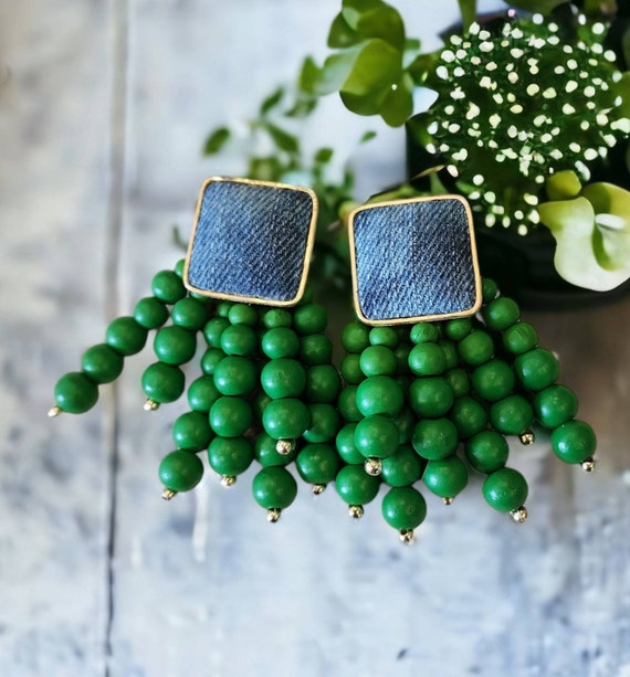 Denim Square Stud Bead Tassel Earrings Gold Plated Jean GREEN - Etsy