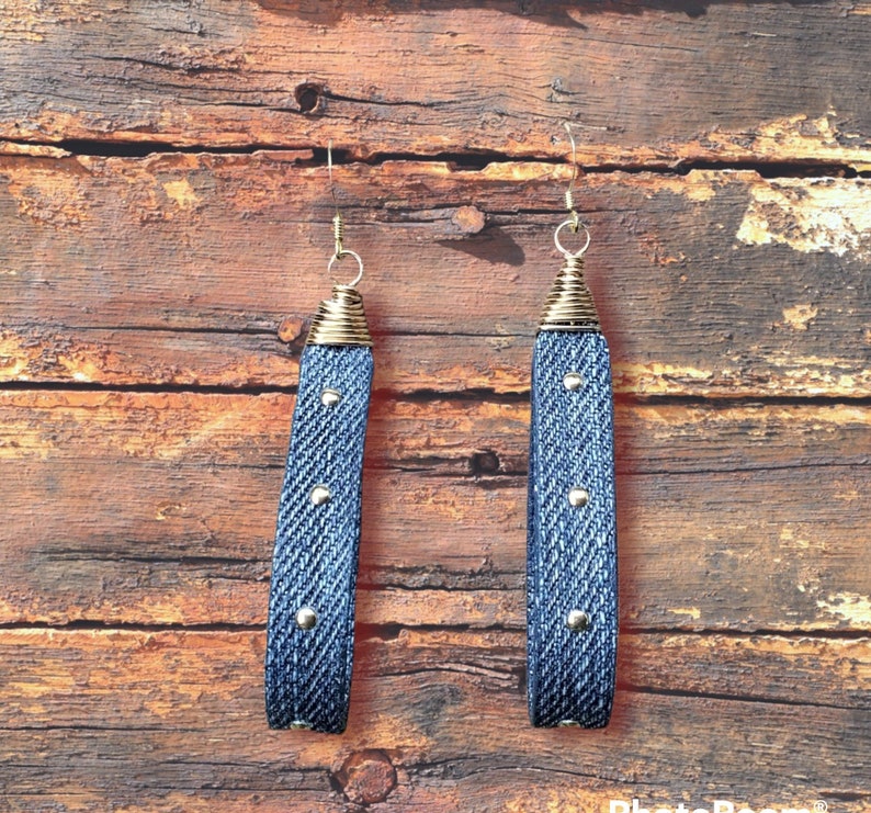 Denim Earrings Skinny Jean Long Hoops image 1