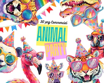 Party Animal Clipart: Watercolor Birthday Jungle Animals (PNG Digital Download)