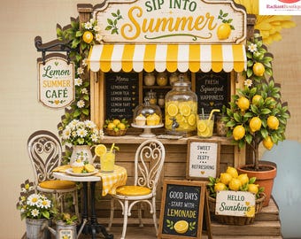 Citroen zomercafé houten blok, gelaagd houtdecor, boerderijplankoppas