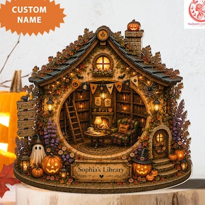 Bloc de bois personnalisé pour bibliothèque d'Halloween, décoration de coin lecture sorcière, panneau d'étagère personnalisé avec nom