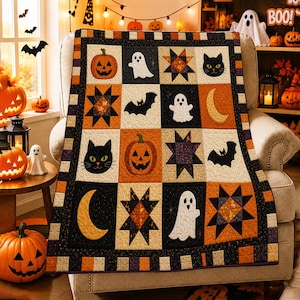 May include: A Halloween-themed quilt featuring a grid of squares with alternating black, orange, and cream backgrounds. The quilt displays patterns of jack-o'-lanterns, white ghosts, black cats, bats, crescent moons, and geometric star shapes.