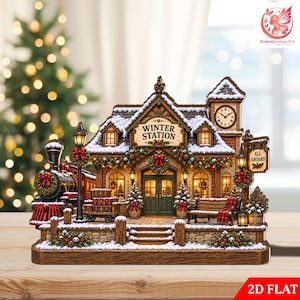 Könnte beinhalten: Eine flache 2D-Winterbahnhof-Dekoration mit einer Lokomotive, einem Gebäude mit Uhrturm und festlichem Weihnachtsschmuck. Das Bahnhofsschild trägt die Aufschrift WINTER STATION und ein hängendes Schild ALL ABOARD, mit schneebedeckten Details.