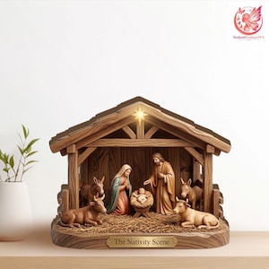 May include: A wooden Nativity scene featuring Mary, Joseph, and baby Jesus in a manger, with animals and a star above. The scene is set inside a rustic wooden stable. The base of the scene has the text "The Nativity Scene".