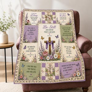 Christian Bible Verse Quilt Blanket, Be Still Floral Throw, Faith Bedding Prayer Quilt