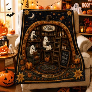 May include: A rectangular quilt featuring a dark, Halloween-themed library scene inside a large pumpkin archway. Three white ghosts are reading books among shelves, with a wooden ladder and a sign that reads "BOO NOOK" and "READ MORE BOOS".