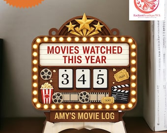 Gepersonaliseerde filmtracker, custom filmtracker lichtontwerp lichtontwerp, cadeau voor filmliefhebbers en filmfans, retro theaterstijl