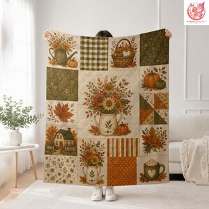 Fall Quilt Blanket, Autumn Harvest Throw, Farmhouse Pumpkin Bedspread, Seasonal Patchwork Quilt