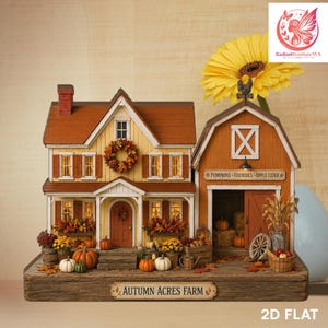 May include: A miniature model of a farmhouse and barn labeled Autumn Acres Farm. The house features a yellow exterior, brown roof, and a wreath on the door. The barn has a sign reading Pumpkins Hayrides Apple Cider, with pumpkins, hay bales, and a sunflower.