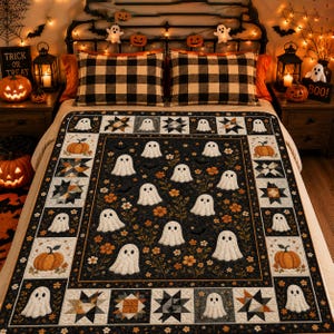 Coperta trapuntata con fantasmi di Halloween, plaid con zucche, biancheria da letto autunnale spettrale, regalo accogliente per l'autunno