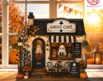 Ghost Cafe Decor, Spooky Coffee House Display, Autumn Shelf Decor