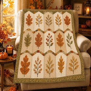 May include: A rectangular quilt featuring a repeating pattern of autumn leaves in shades of orange, yellow, and green on a cream background. The design is divided into vertical panels separated by a zigzag border with a green floral trim.