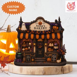 Könnte beinhalten: Ein Miniatur-Bäckereigebäude im Halloween-Design mit einem Schild mit der Aufschrift Anna's Bakery. Das Modell zeigt orange-schwarz gestreifte Markisen, ein Gespenst, Kürbisse, einen Hexenhut sowie Schilder mit Trick or Treat, Fresh Treats und Sweet Spells and Cakes.