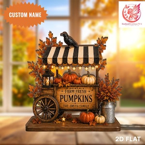May include: A wooden farm stand decoration featuring a black and white striped awning, a black crow, and orange pumpkins. The sign reads FARM FRESH PUMPKINS THE SMITH FAMILY. It includes a lantern, autumn leaves, and a metal milk can on a base.