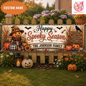 Pancarta personalizada de Halloween, letrero familiar personalizado de Halloween, decoración rústica de jardín con espantapájaros y calabazas para otoño