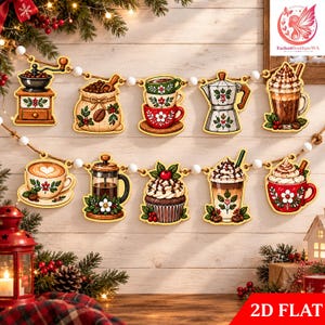 May include: A two-tiered garland featuring wooden cutouts of coffee-themed items including a grinder, a bean sack, stacked cups, a moka pot, a latte, a French press, a cupcake, and mugs, all decorated with red berries and green leaves.