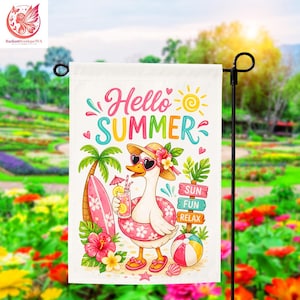 Hallo Sommergarten Flagge, lustige Enten-Strandhaus-Dekor, tropische Sommer-Willkommens-Flagge, Außenhof-Schild, niedliche Enten-Sun-Spaß-Relax-Dekor