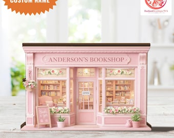 Custom Name Miniature Pink Bookshop, Wooden Block Bookshelf Decor